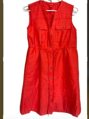 JOE FRESH Orange Textured V Neck Button-Front Sleeveless Dress.
